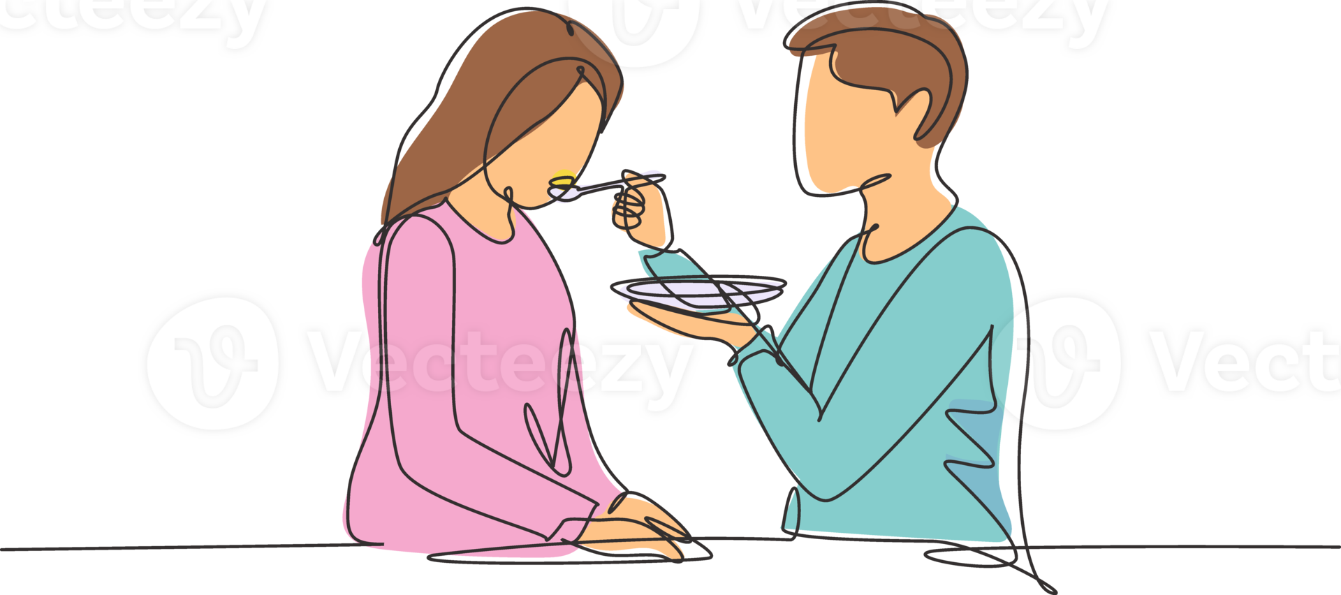 Continuous one line drawing romantic male feeds his wife. Happy young couple having dinner together at restaurant. Celebrate wedding anniversaries. Single line draw design graphic illustration png