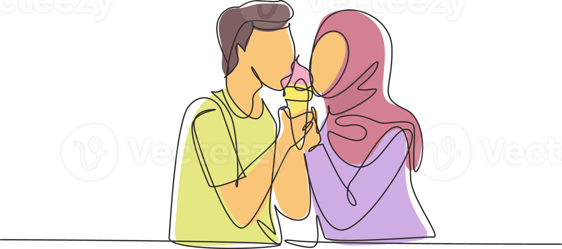 Single one line drawing young Arabian couple sharing ice cream cone. Celebrate anniversaries and enjoy romantic lunch at restaurant. Modern continuous line draw design graphic illustration png