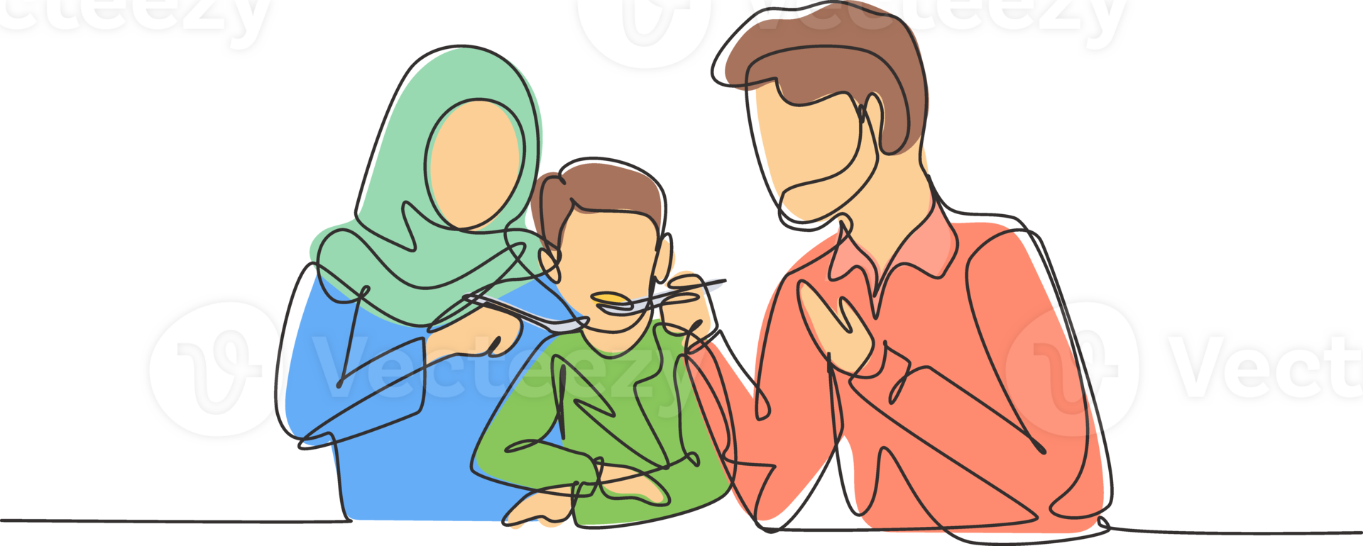 Single continuous line drawing Arabian family having fun together in restaurant. Parents feeds they boy with love. Happy little family concept. Dynamic one line draw graphic design illustration png