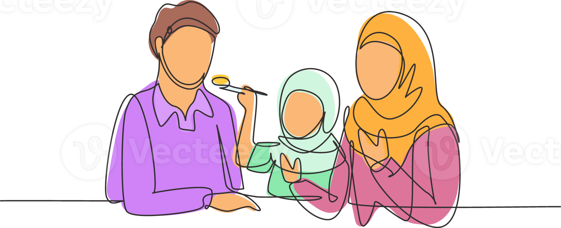 Continuous one line drawing Arab family having fun together in modern restaurant. Daughter feeds her father with love. Happy little family concept. Single line draw design graphic illustration png