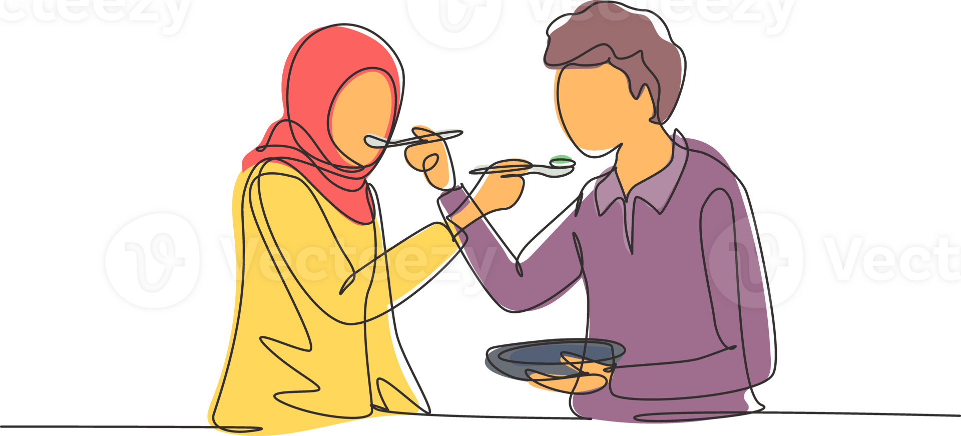 Single continuous line drawing romantic Arabic couple feeding each other. Having fun dinner together at restaurant. Celebrate wedding anniversaries. One line draw graphic design illustration png