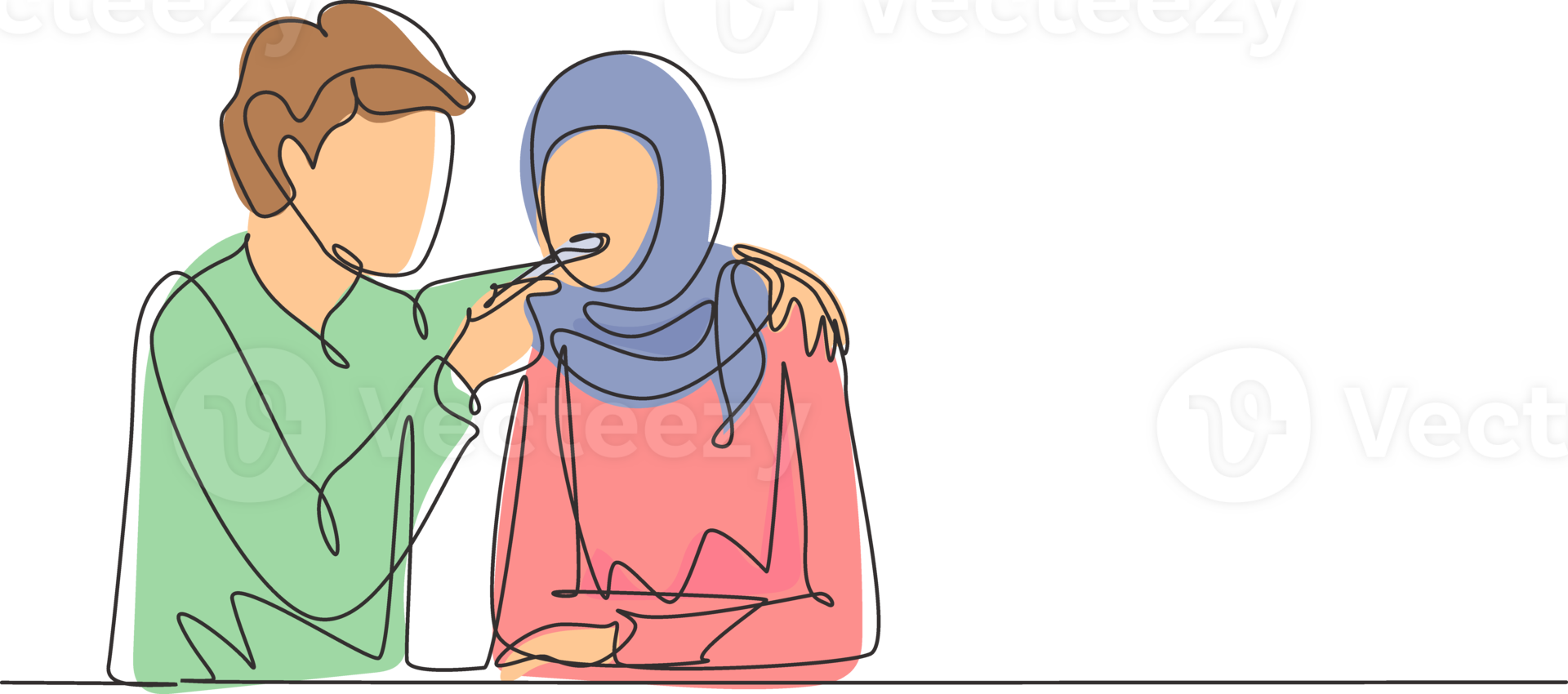 Single one line drawing romantic Arabian man feeds his wife. Happy young couple dinner together at restaurant. Celebrate wedding anniversaries. Continuous line draw design graphic illustration png