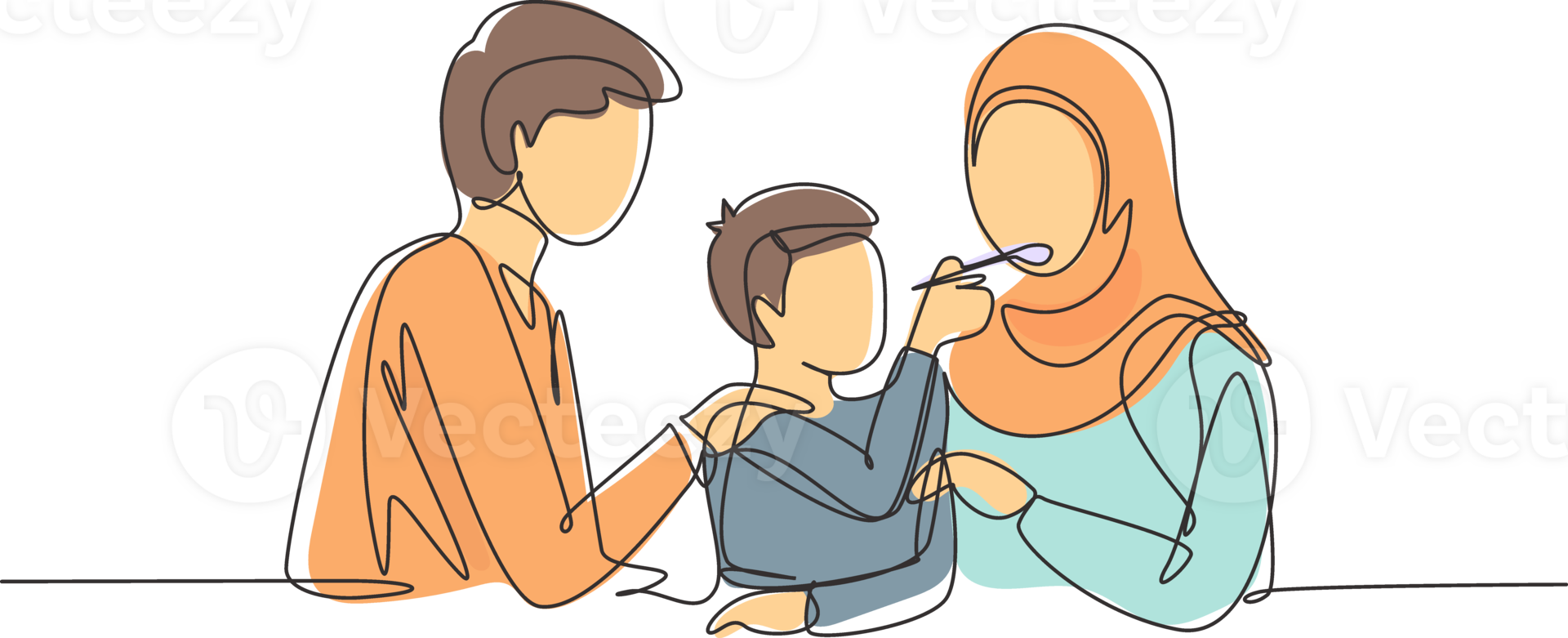 Single one line drawing Arabian family having fun together in modern restaurant. Boy feeds his mother with love. Happy little family concept. Continuous line draw design graphic illustration png