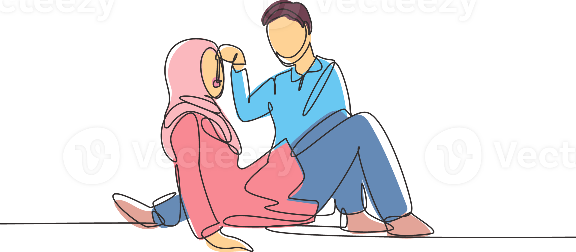 Single continuous line drawing romantic Arabian couple having picnic in park. Relaxing together sitting on the ground and men feeding grapes to women. One line draw graphic design illustration png
