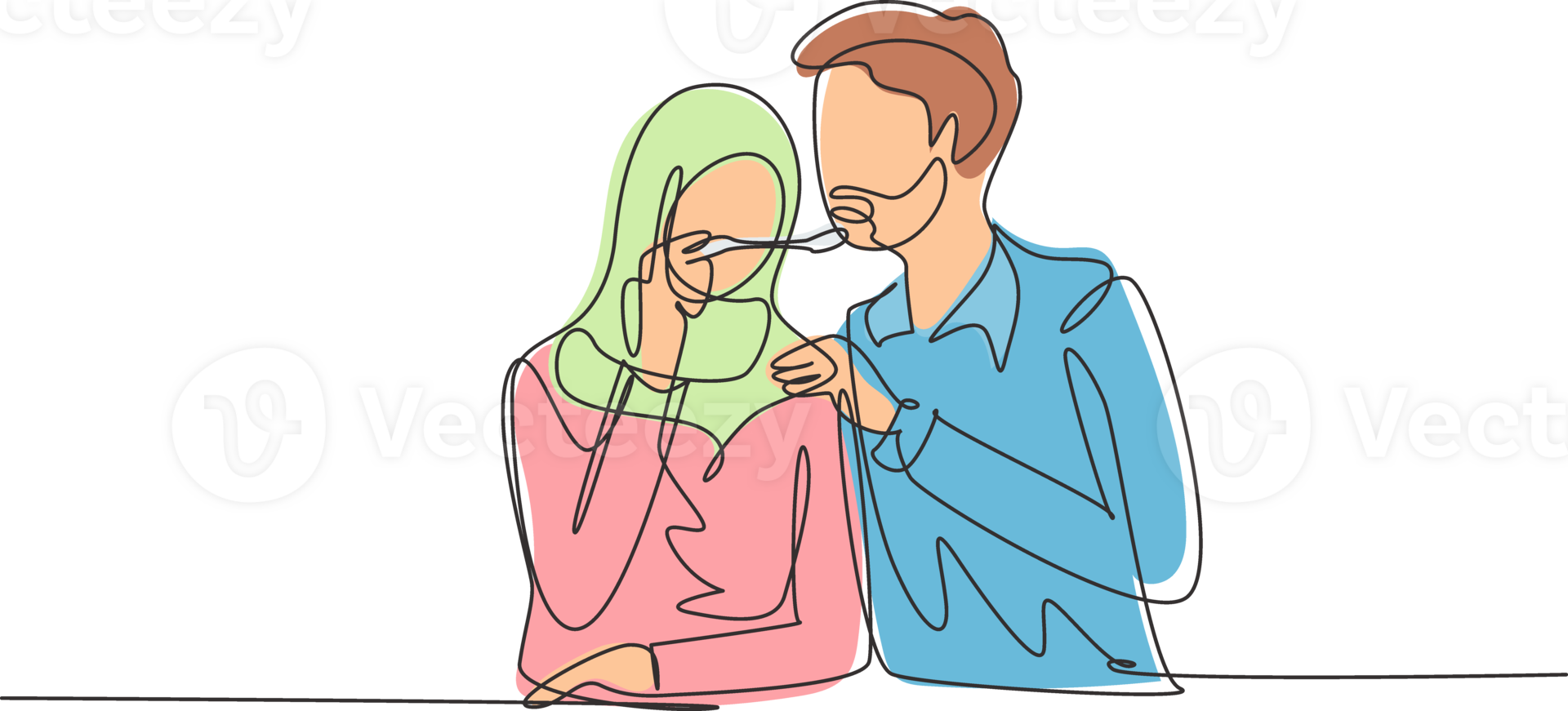 Single one line drawing romantic Arabian female feeds her husband. Happy couple dinner together at restaurant. Celebrate wedding anniversaries. Continuous line draw design graphic illustration png