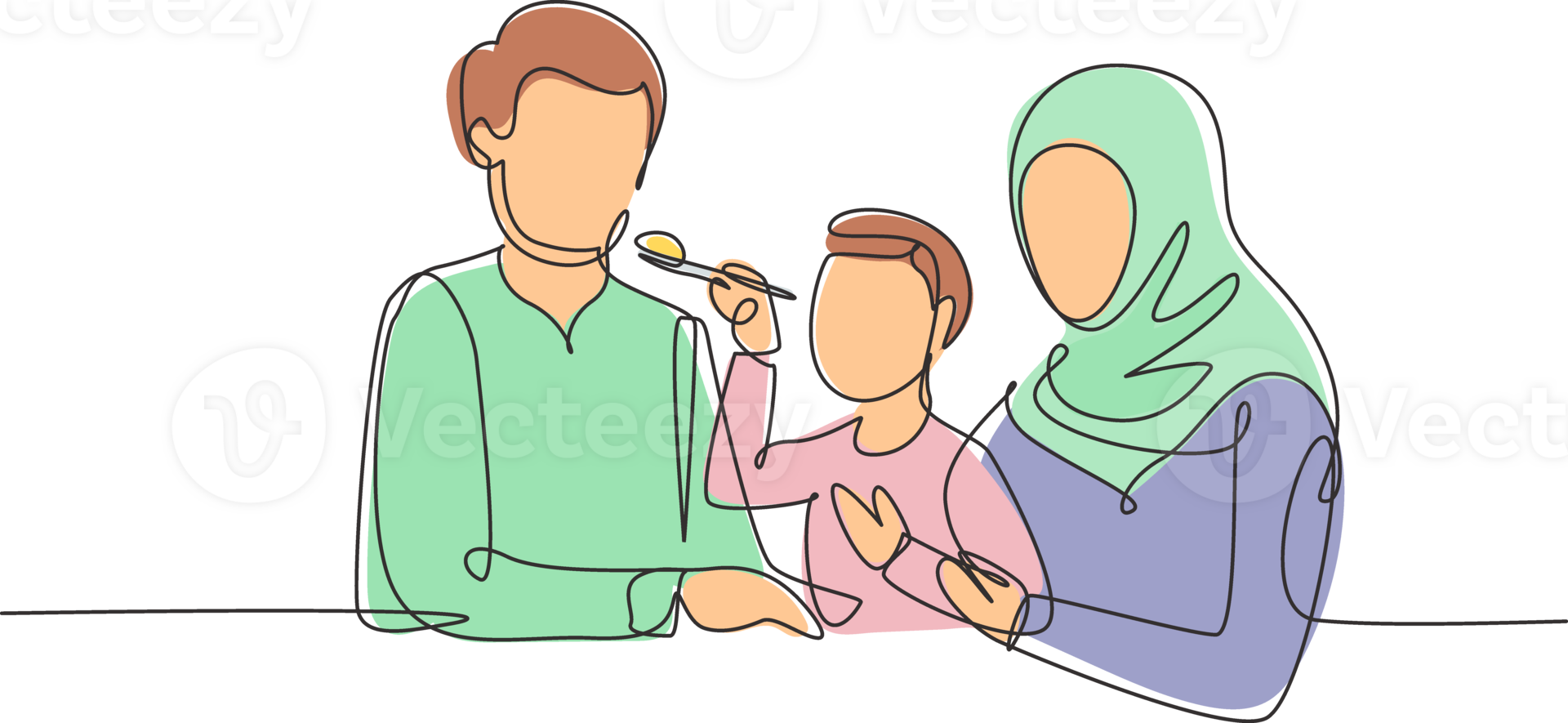 Single one line drawing Arabian family having fun together in modern restaurant. Boy feeds his father with love. Happy little family concept. Continuous line draw design graphic illustration png