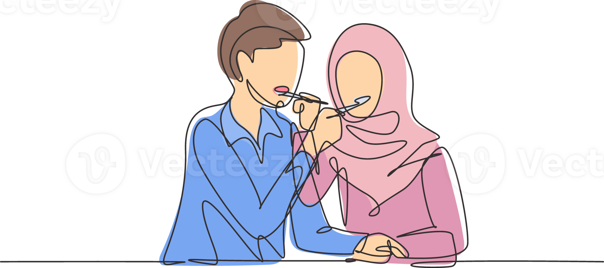 Single continuous line drawing romantic Arabian couple feeding each other. Having fun dinner together at restaurant. Celebrate wedding anniversaries. One line draw graphic design illustration png