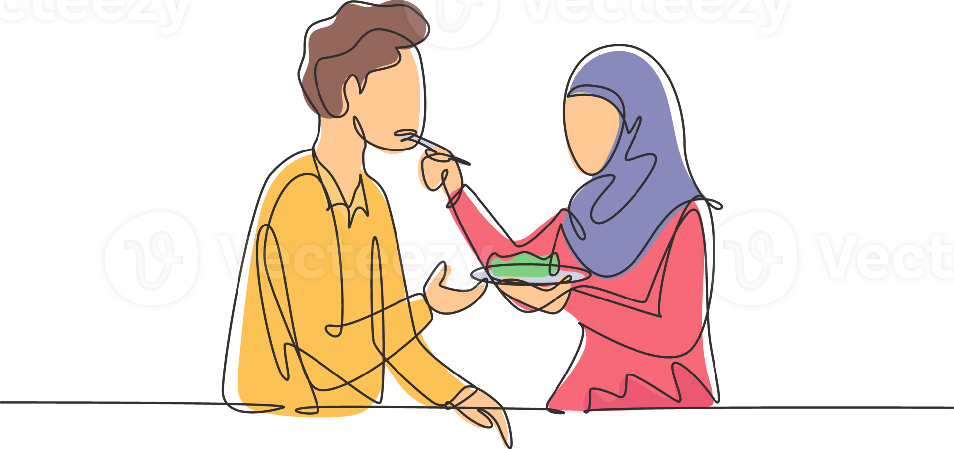 Continuous one line drawing romantic Arabian woman feeds her husband. Happy couple dinner together at restaurant. Celebrate wedding anniversaries. Single line draw design graphic illustration png