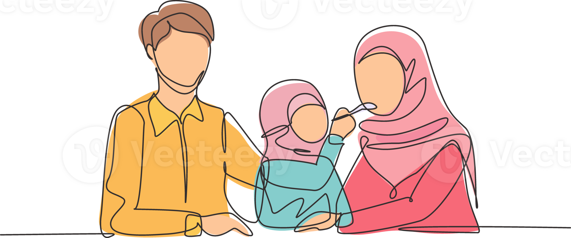 Single continuous line drawing Arab family having fun together in modern restaurant. Daughter feeds her mother with love. Happy little family concept. One line draw graphic design illustration png