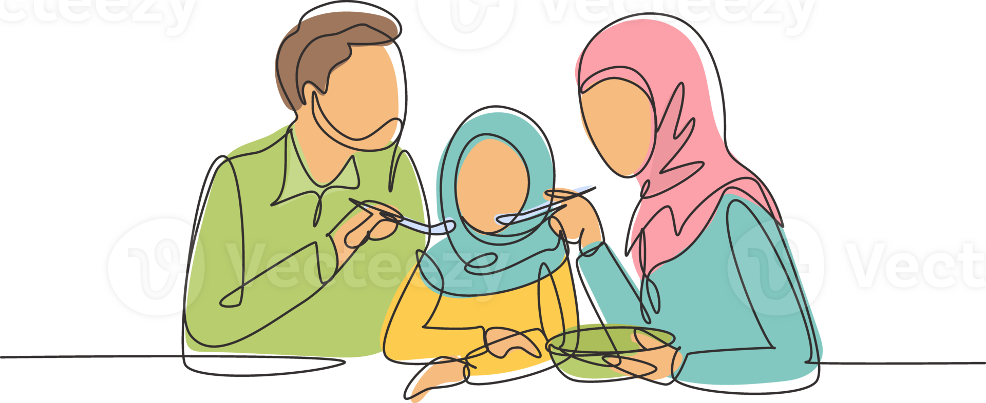 Single continuous line drawing Arabian family having fun together in restaurant. Parents feeds they daughter with love. Happy little family concept. One line draw graphic design illustration png