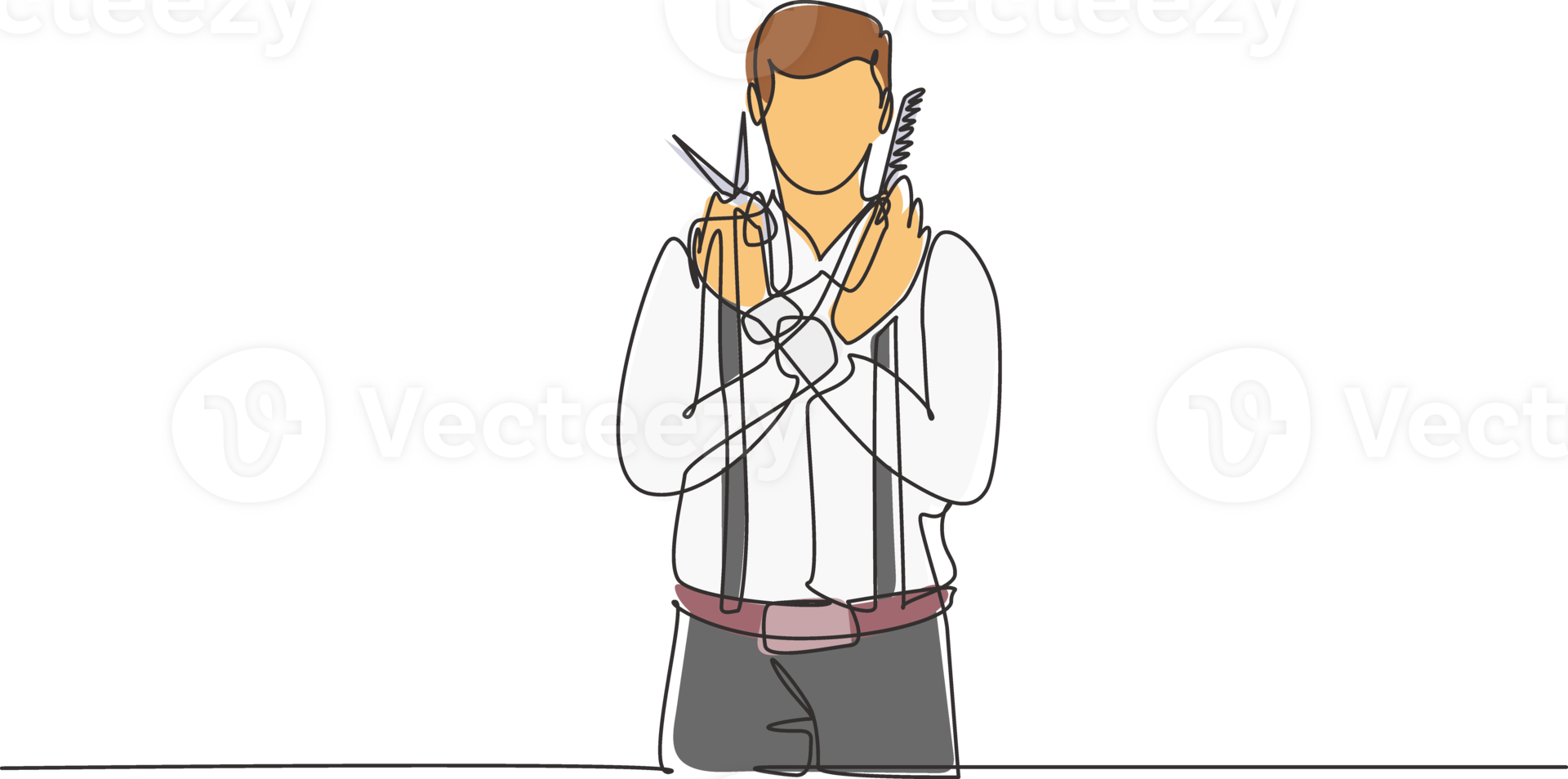 Single one line drawing barber scissors and straight razor. Vintage barbershop, shaving. Mustache men. Beard macho man. Portrait beard man. Continuous line draw design graphic illustration png