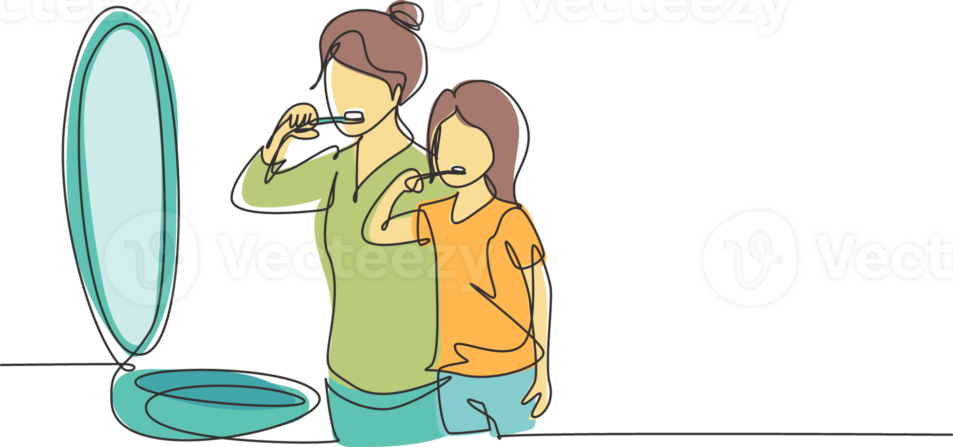 Single one line drawing smiling mother and daughter holding toothbrushes and looking at mirror in bathroom. Habits for health of mouth and teeth. Continuous line design graphic illustration png