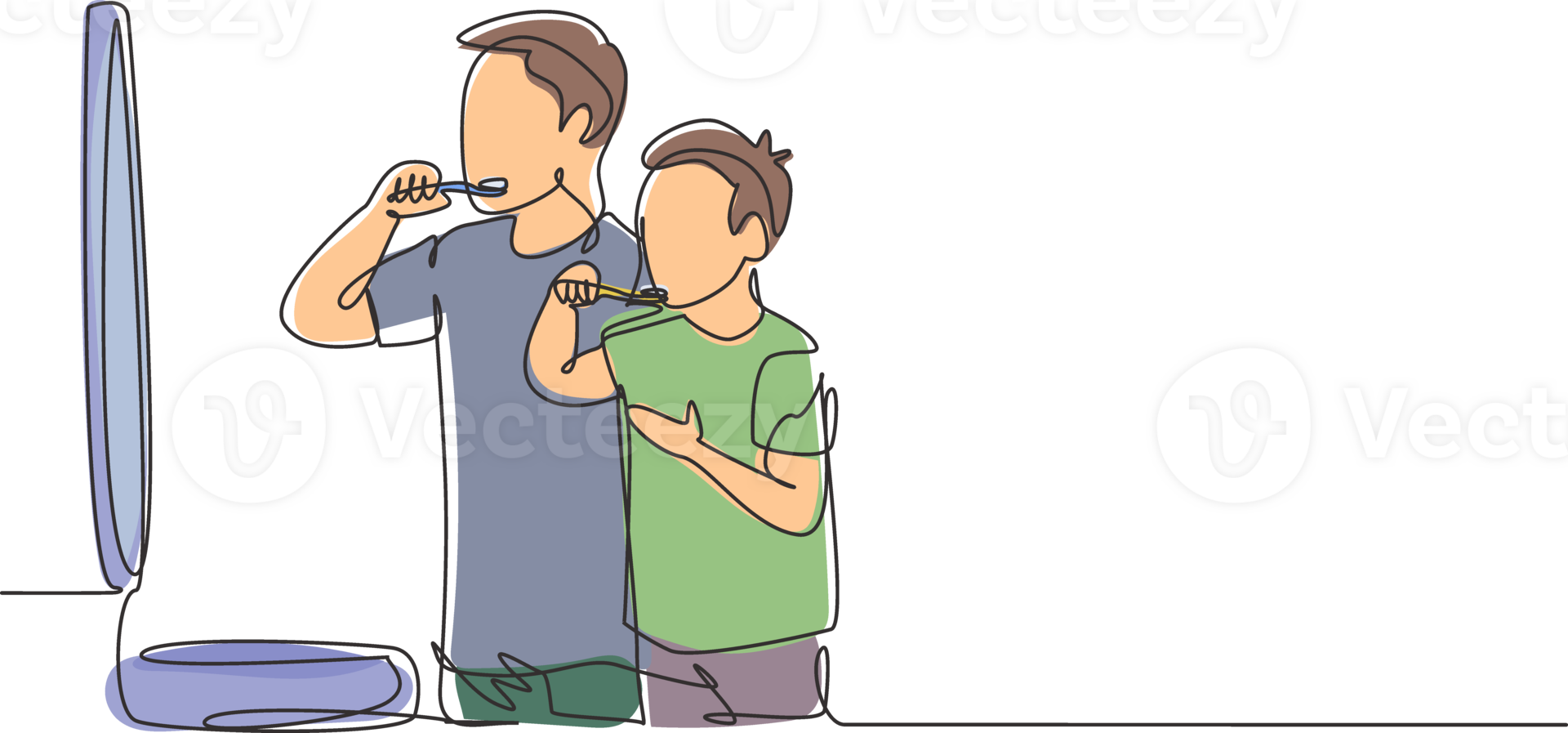 Single one line drawing smiling father and son holding toothbrushes and looking at mirror in bathroom. Habits for health of mouth and teeth. Continuous line draw design graphic illustration png