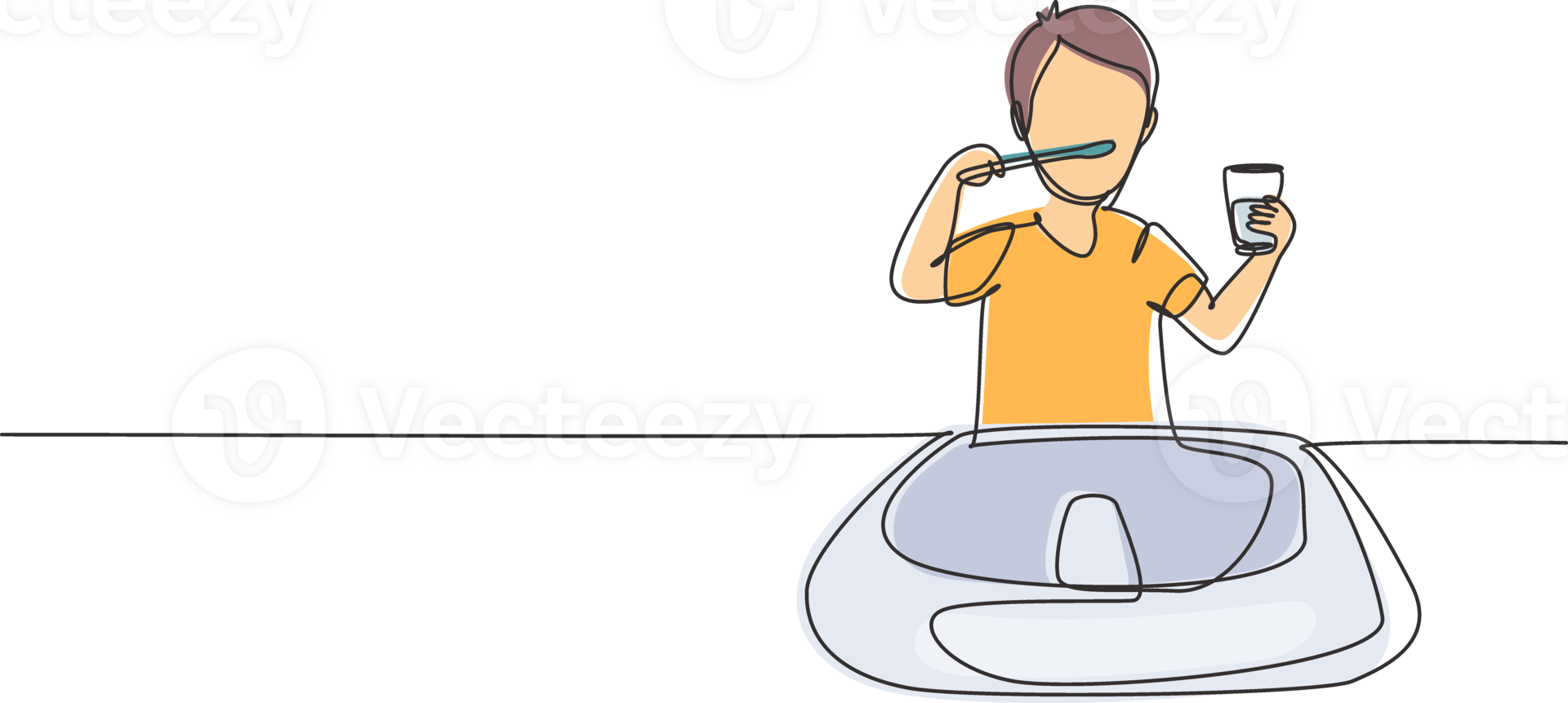 Continuous one line drawing boy brushing his teeth in sink. Routine habits every morning for cleanliness, health, and freshness of mouth and teeth. Single line draw design graphic illustration png