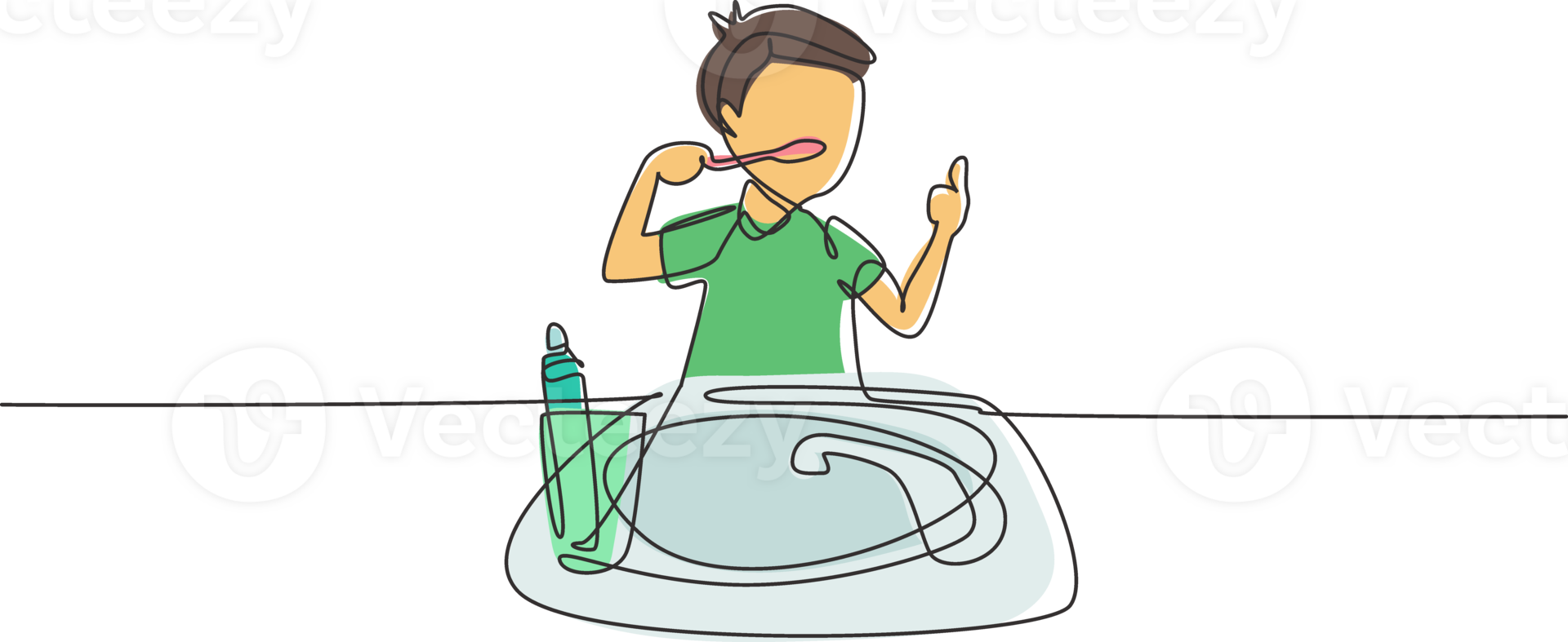 Single continuous line drawing boy brushing his teeth with thumbs up gesture. Routine habits for cleanliness, health, freshness of mouth and teeth. One line draw graphic design illustration png