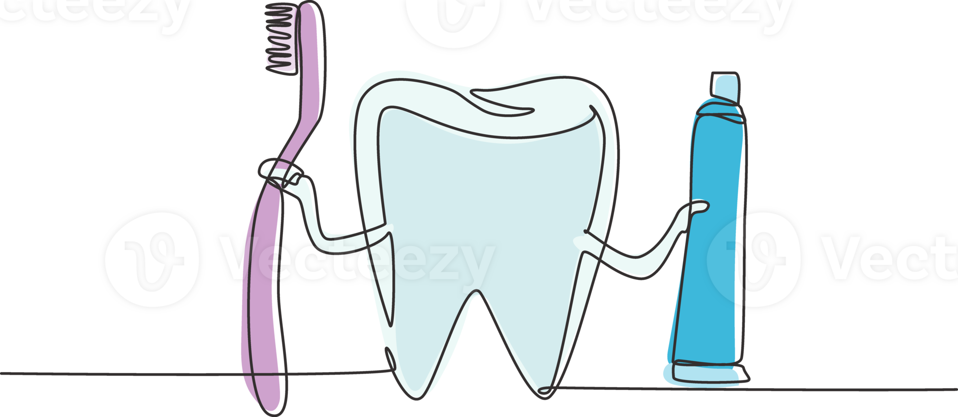 continuo uno línea dibujo gigante diente participación cepillo de dientes en uno mano y pasta dental en el otro. símbolo o logo dental clínica, oral cuidado centro. soltero línea dibujar diseño gráfico ilustración png