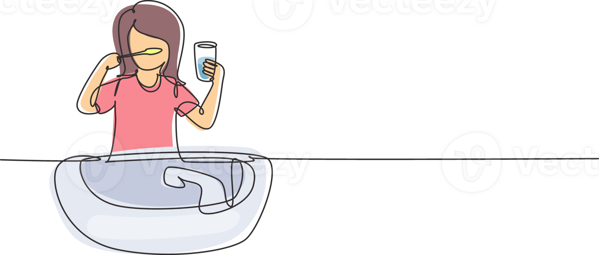 Single continuous line drawing girl brushing her teeth in sink. Routine habits every morning for cleanliness, health, and freshness of mouth and teeth. One line draw graphic design illustration png