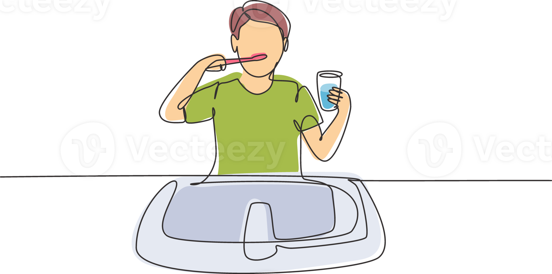 Single continuous line drawing man brushing his teeth in sink. Routine habits every morning for cleanliness, health, and freshness of mouth and teeth. One line draw graphic design illustration png