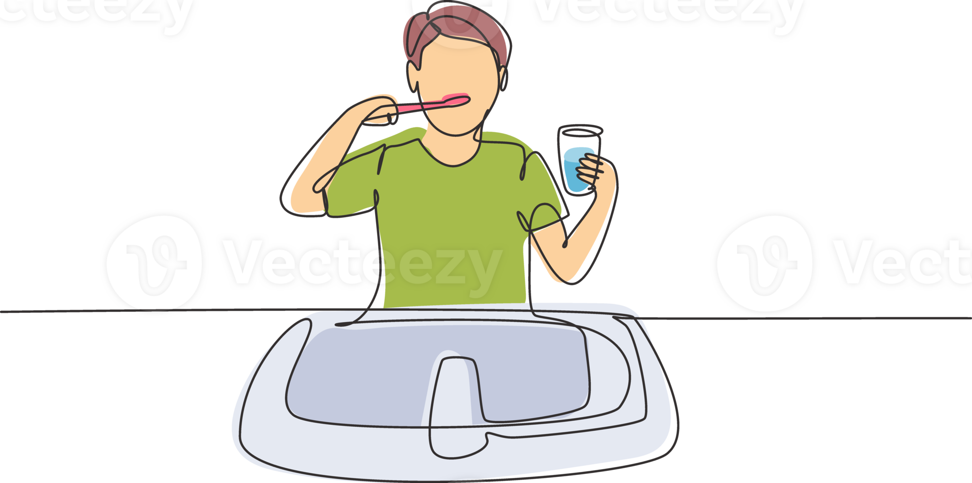 Single continuous line drawing man brushing his teeth in sink. Routine ...