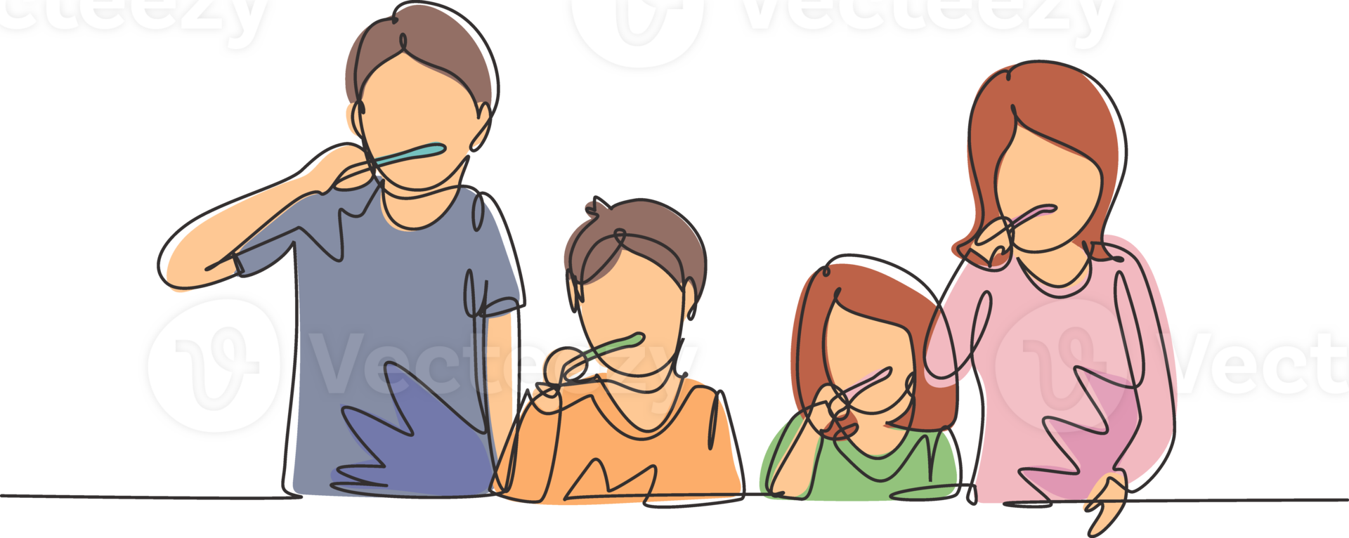 Single continuous line drawing happy family brushing their teeth together before bedtime. Routine habits for cleanliness and health of mouth and teeth. One line draw graphic design illustration png