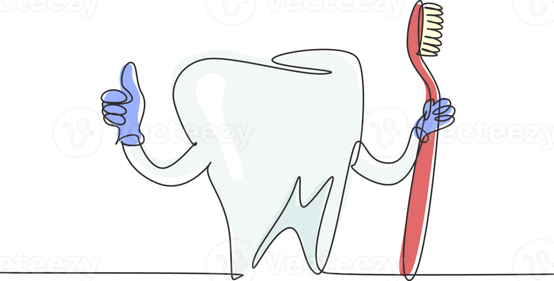 Continuous one line drawing giant tooth is holding toothbrush and one of his hands is doing thumbs up gesture. Symbol for dental clinic, oral care. Single line draw design graphic illustration png