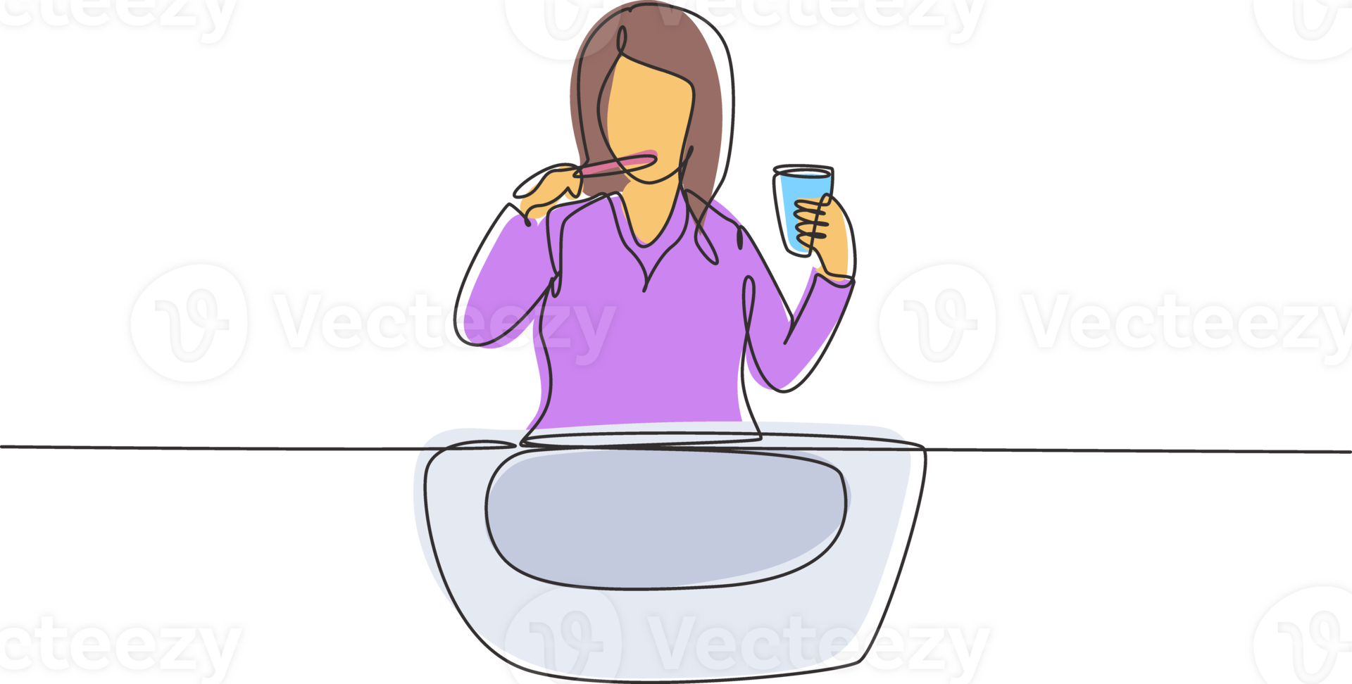 Single continuous line drawing woman brushing her teeth in sink. Routine habits every morning for cleanliness, health, freshness of mouth and teeth. One line draw graphic design illustration png