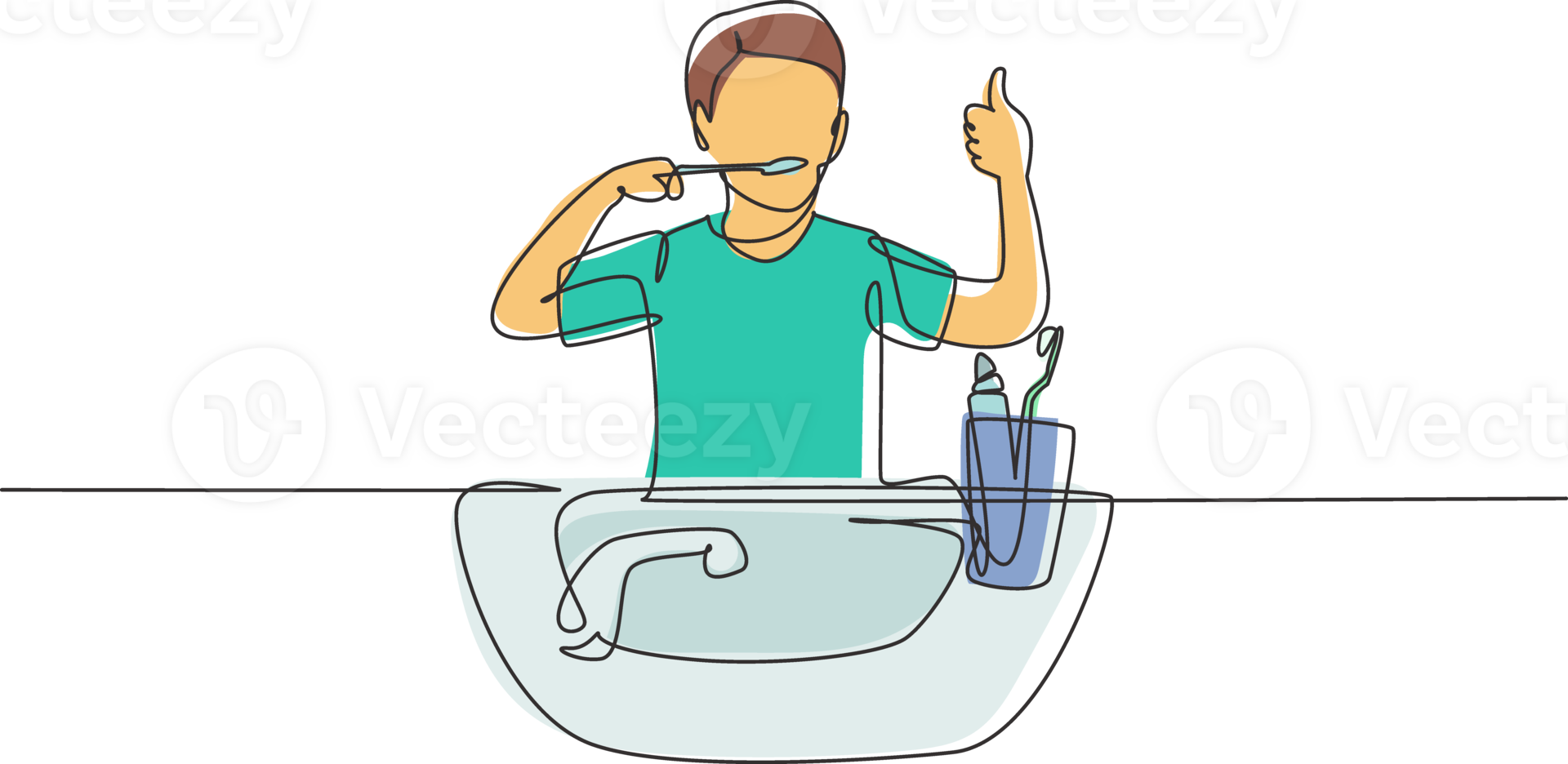Single one line drawing man brushing his teeth with thumbs up gesture. Routine habits for cleanliness, health, freshness of mouth and teeth. Continuous line draw design graphic illustration png