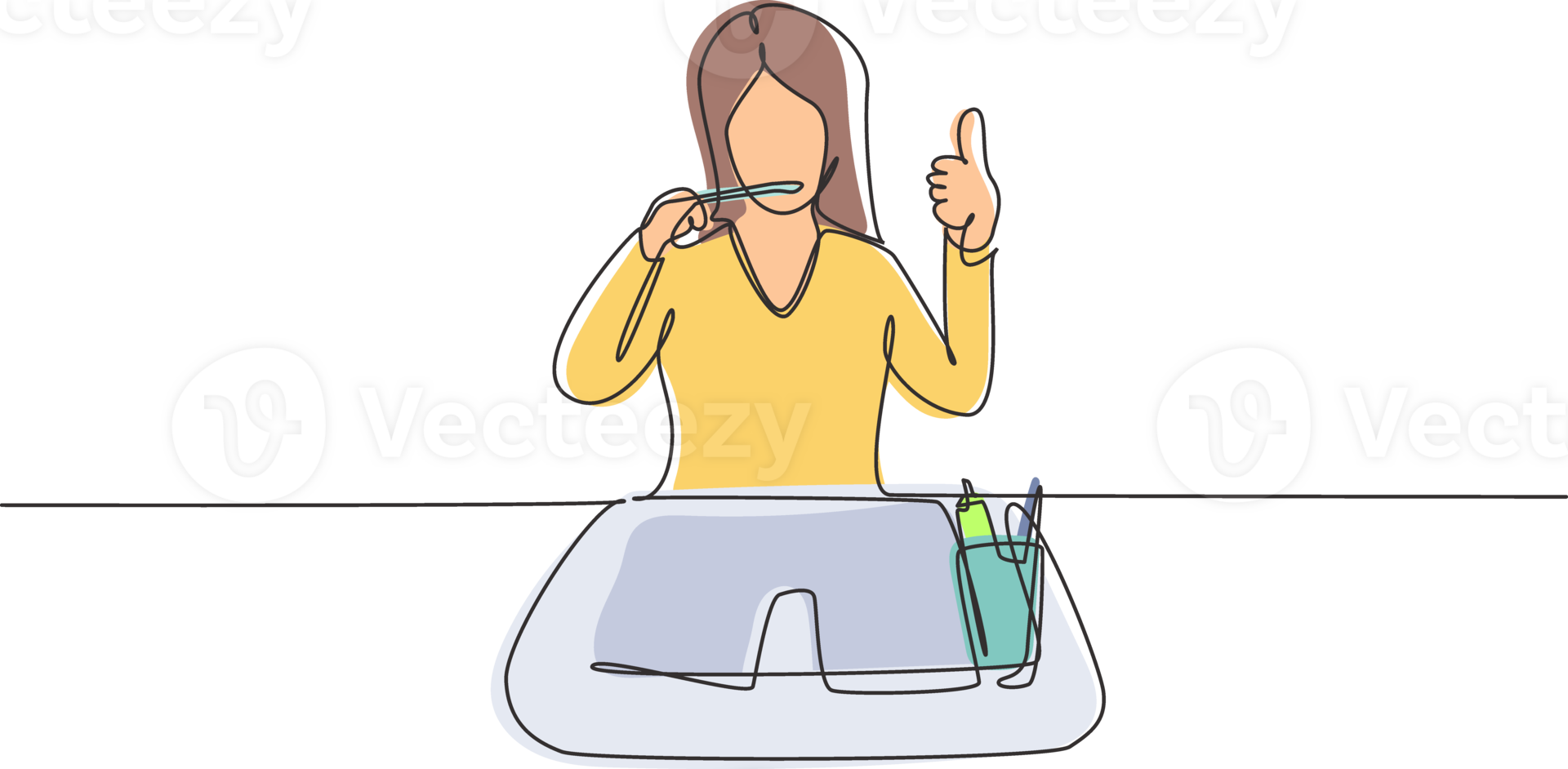contínuo 1 linha desenhando mulher escovar dela dentes com polegares acima gesto. rotina hábitos para limpeza, saúde, frescor do boca e dentes. solteiro linha desenhar Projeto gráfico ilustração png