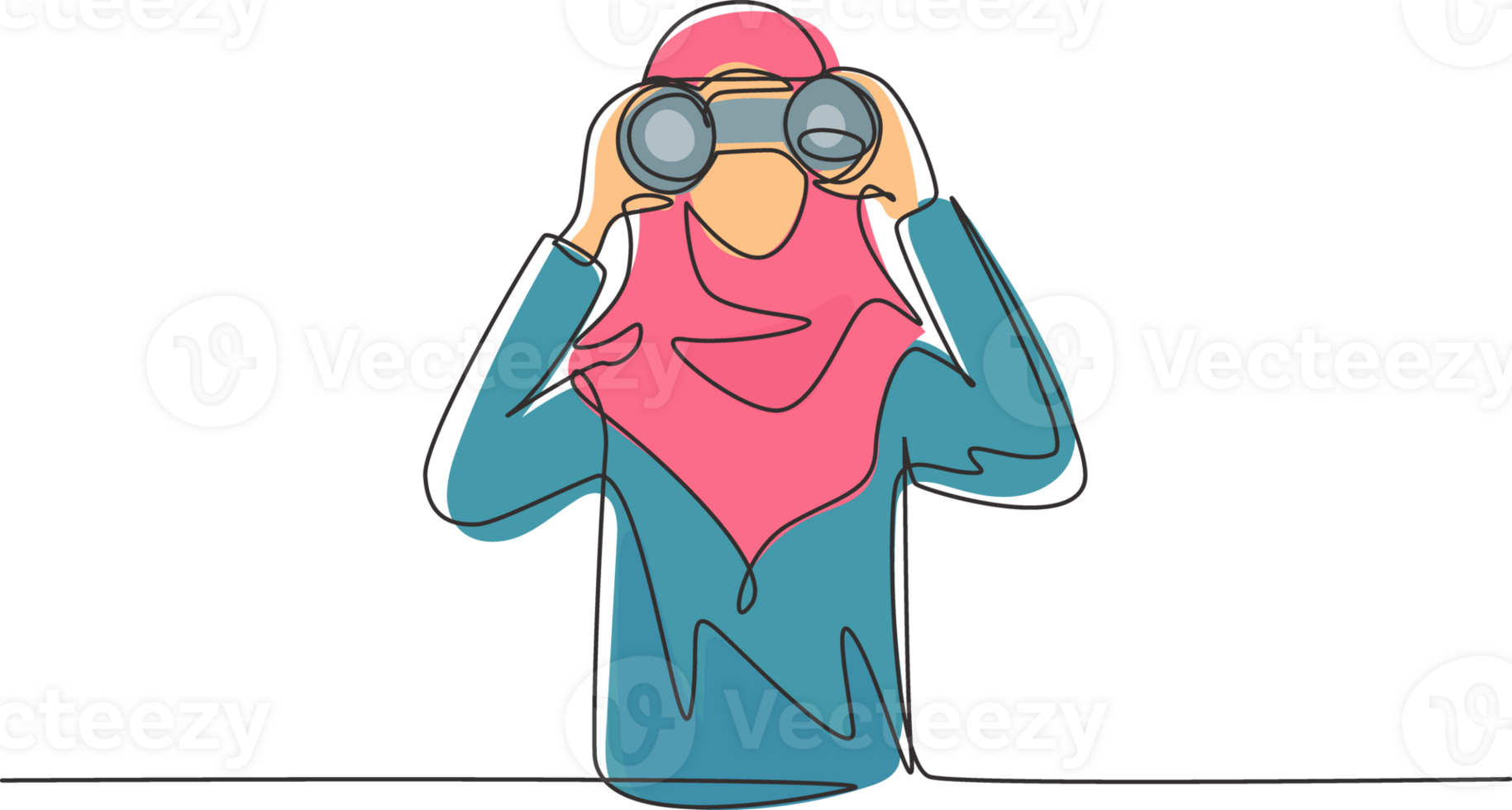 Single continuous line drawing Arab business woman looking through binoculars searching for job. Find all opportunities in the world of suitable jobs. One line draw graphic design illustration png