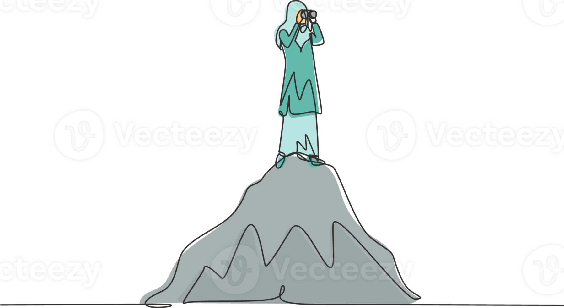 soltero uno línea dibujo árabe mujer de negocios en pie en colina mientras mirando a prismáticos. símbolo liderazgo, estrategia, misión, objetivos continuo línea dibujar diseño gráfico ilustración png