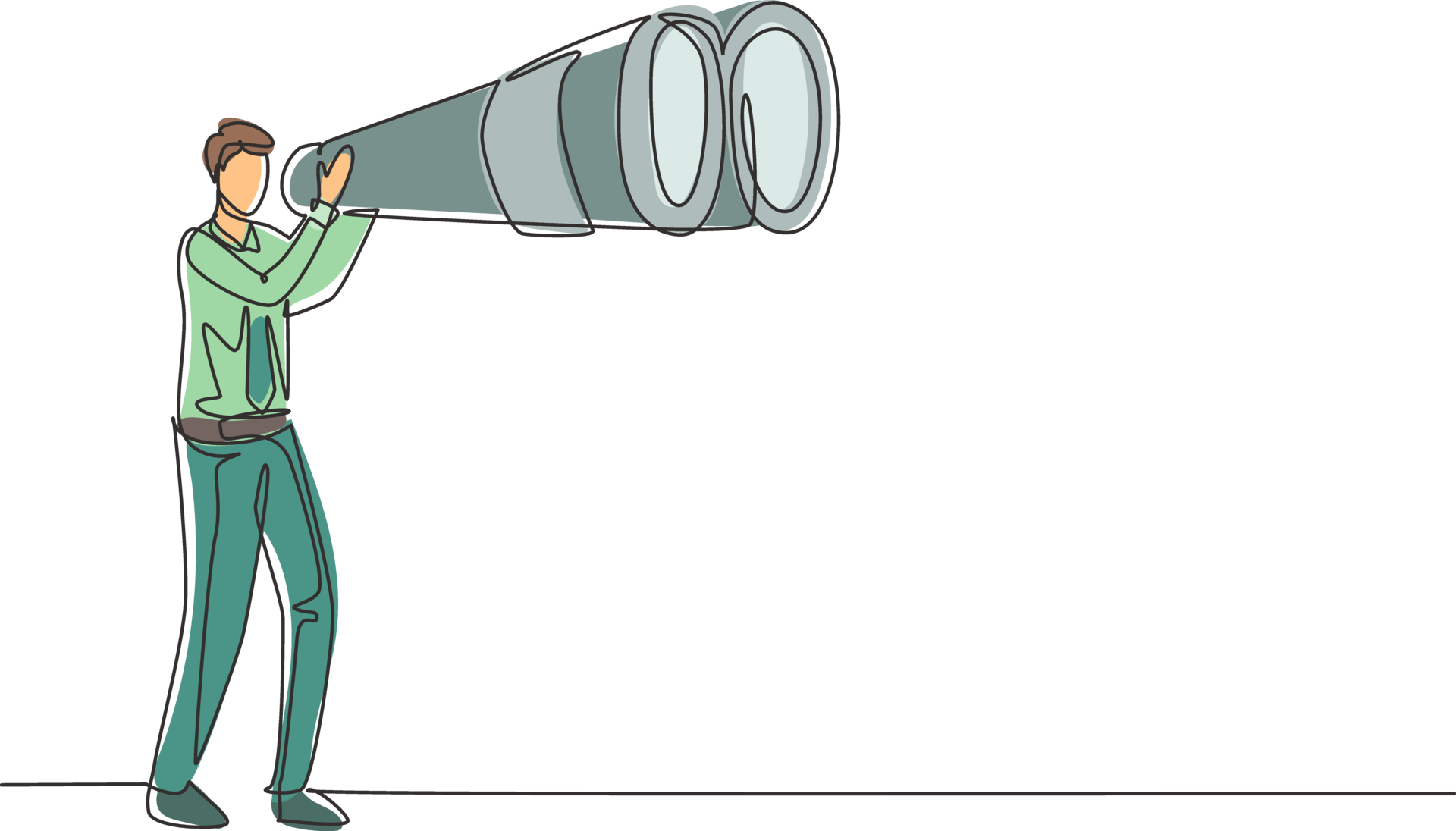 Continuous one line drawing tourist man looking through big binoculars