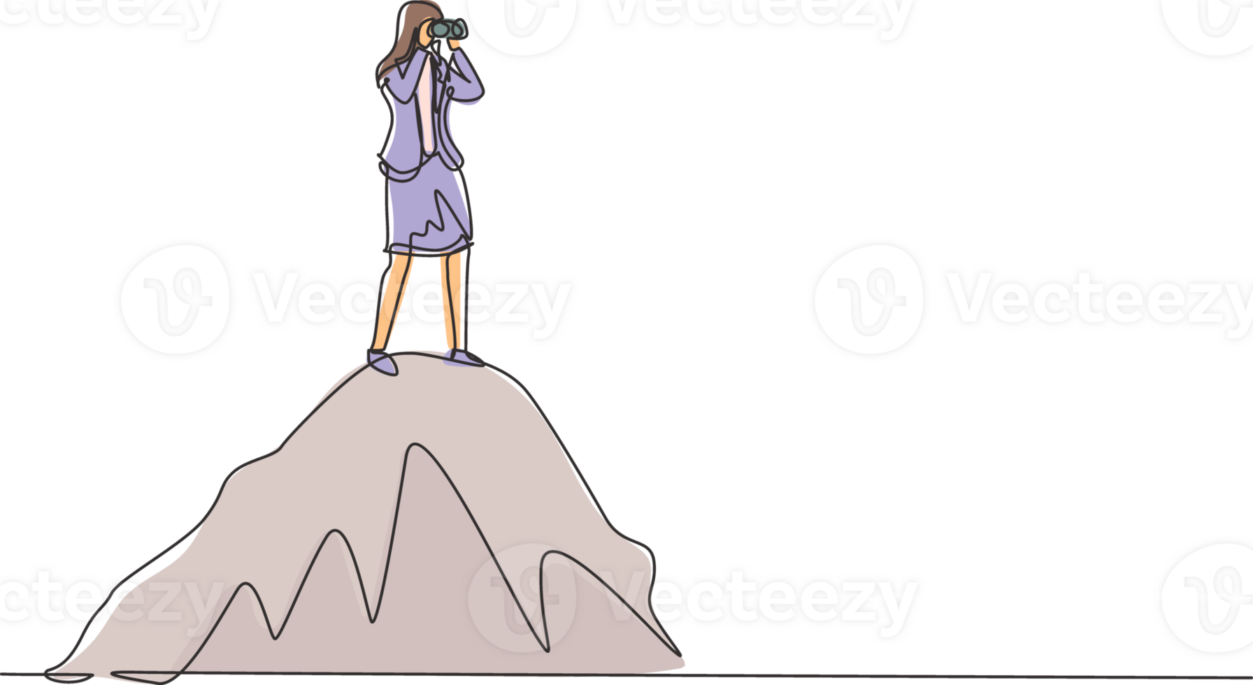 Single continuous line drawing businesswoman standing on hill while looking at binoculars. Symbol leadership, strategy, mission, objectives. Dynamic one line draw graphic design illustration png