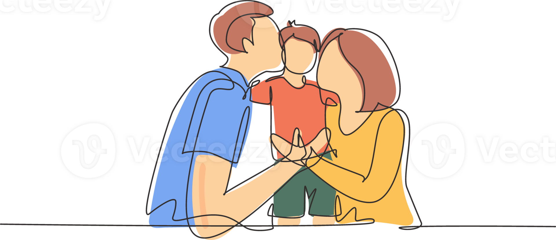 Continuous one line drawing parents kissing their little boy on his cheeks. Adorable child with an innocent expression. National children's day. Single line draw design graphic illustration png