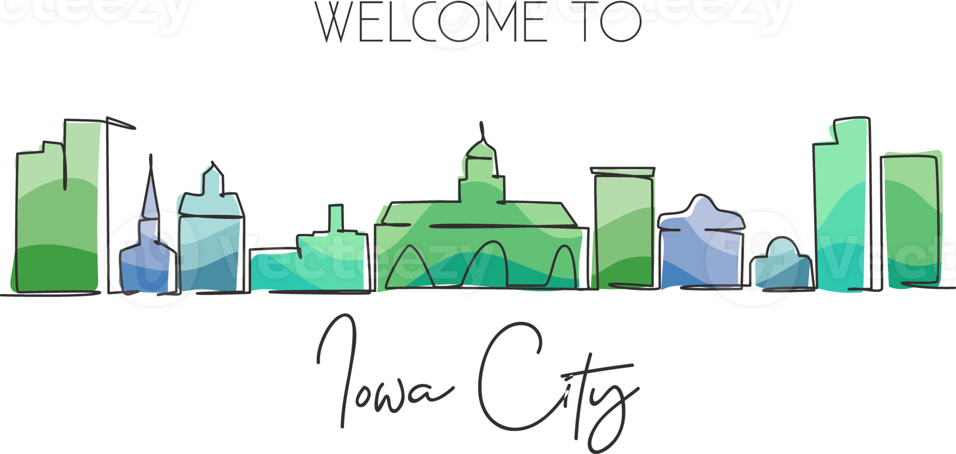 Continuous one line drawing Iowa City skyline. Beautiful landmark gallery artwork. World landscape tourism travel wall decor poster print art. Stylish single line draw design illustration png