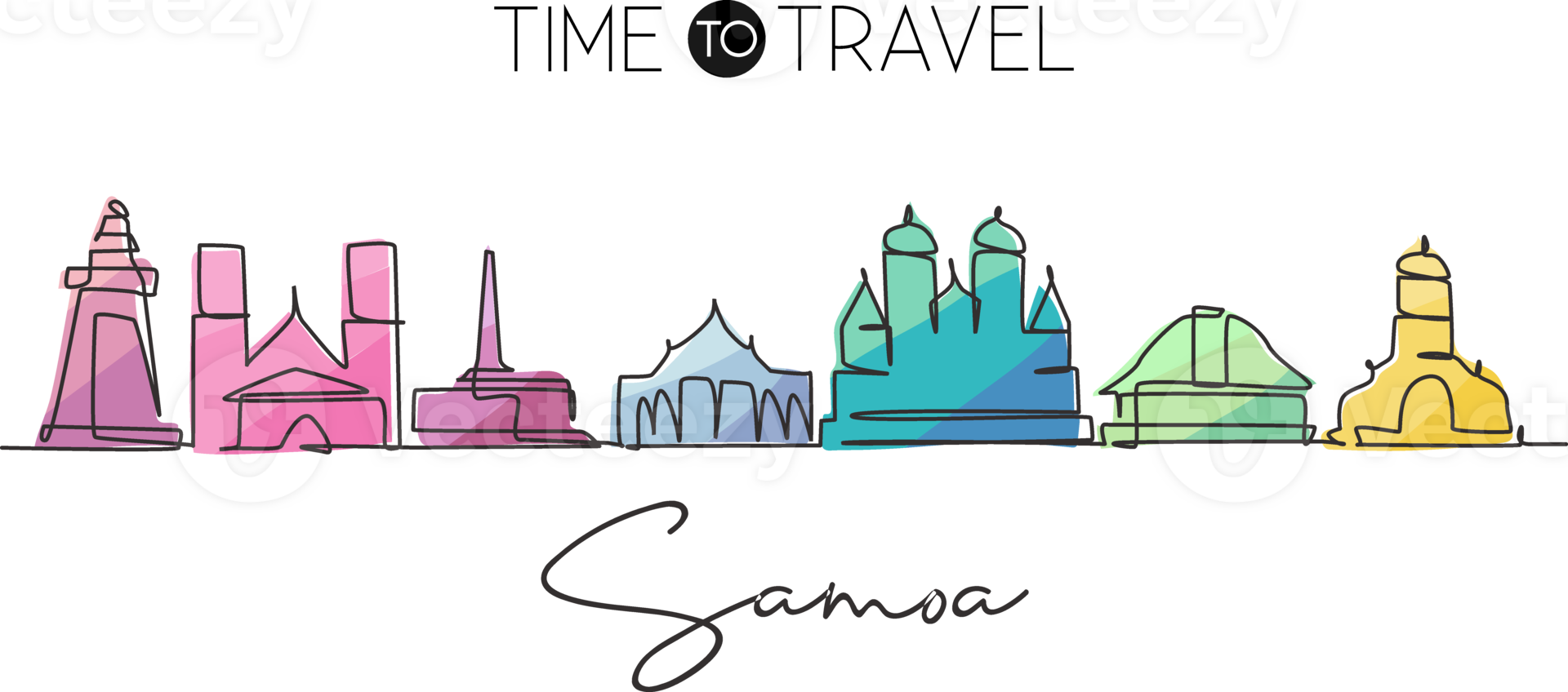 Single continuous line drawing Samoa skyline, Oceania. Famous city scraper landscape. World travel home wall decor art poster print concept gallery. Modern one line draw design illustration png