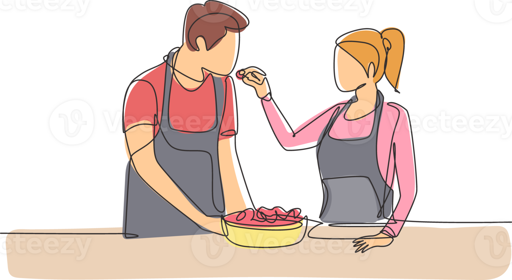 Continuous one line drawing beautiful wife feeds her husband food and in front of him is bowl filled with salad. Cooking together in cozy kitchen. Single line draw design graphic illustration png
