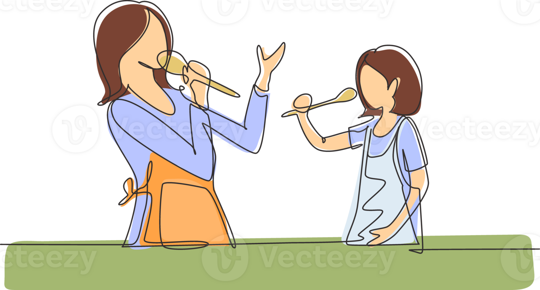 Single one line drawing cheerful mom and her little daughter singing while cooking together, using spatula and broccoli as microphones. Modern continuous line draw design graphic illustration png