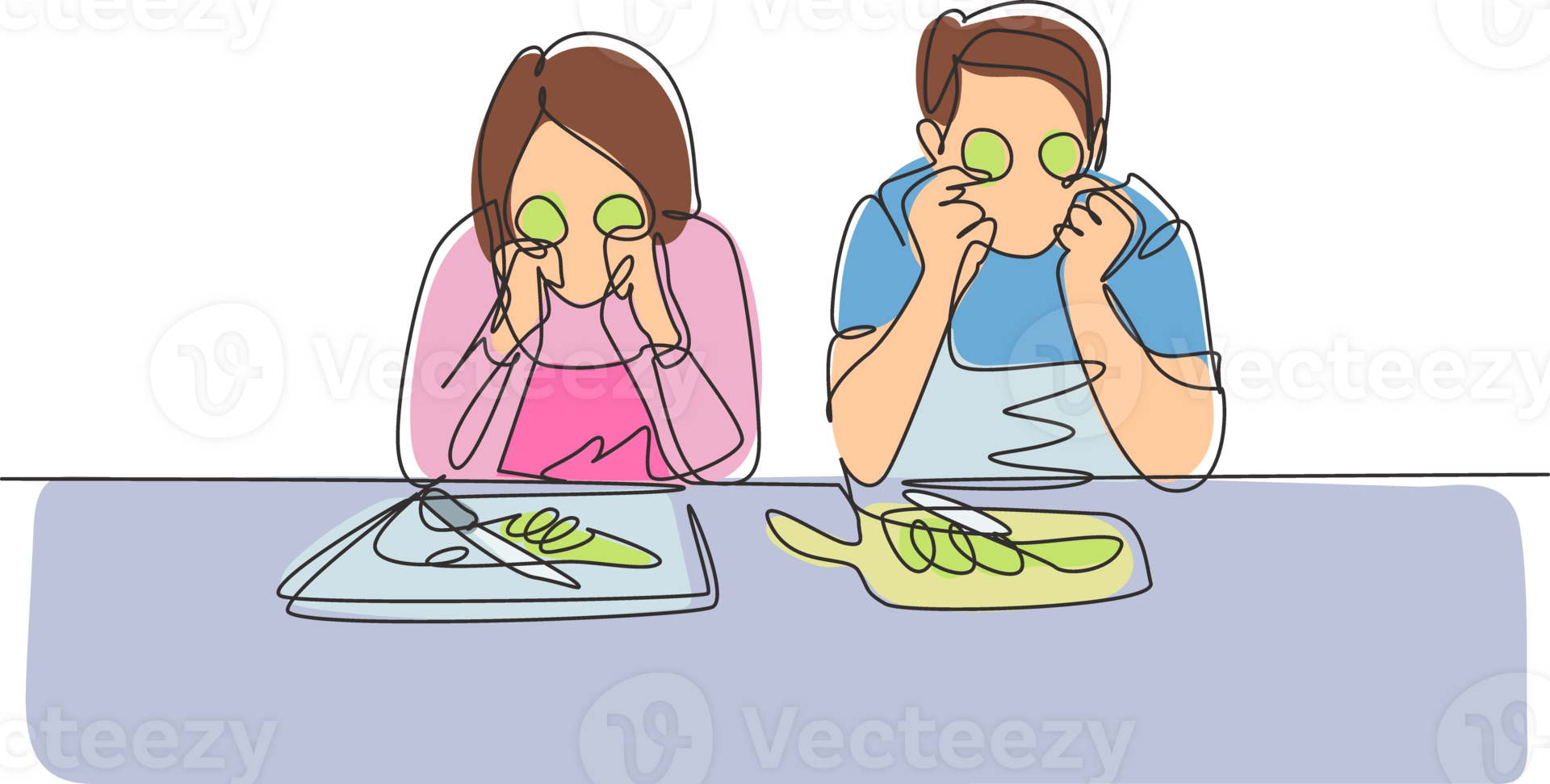 Single continuous line drawing beautiful wife and her handsome husband are holding slices of cucumber and smiling while cooking in kitchen at home. One line draw graphic design illustration png