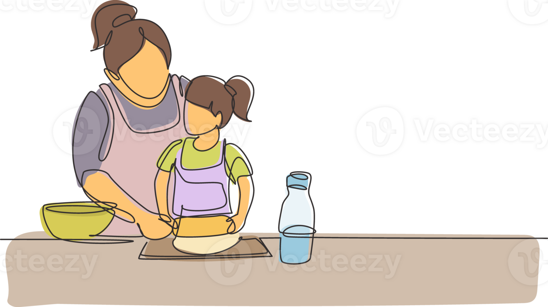 Single continuous line drawing beautiful young mom and her cute little daughter are playing and smiling while baking in kitchen at home. Dynamic one line draw graphic design illustration png