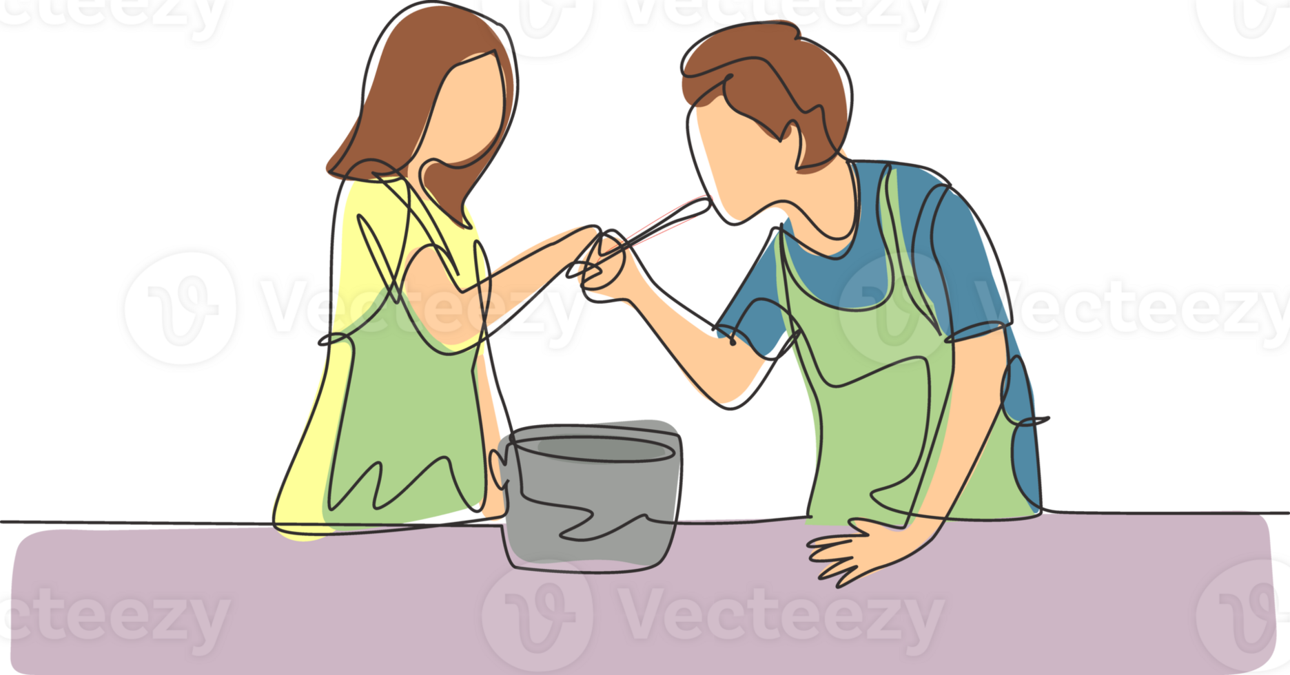 Continuous one line drawing happy husband tasting food given by his young beautiful wife. Cooking for lunch together in cozy kitchen at home. Single line draw design graphic illustration png