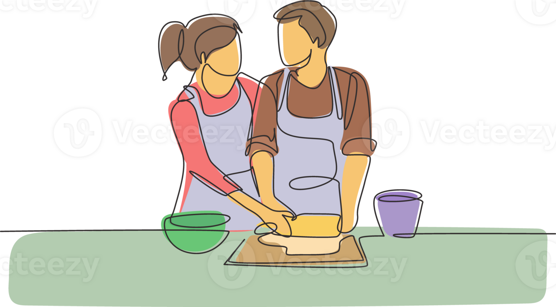 Single continuous line drawing romantic couple looking at each other while rolling soft dough during pastry preparation in cozy kitchen at home. Dynamic one line graphic design illustration png