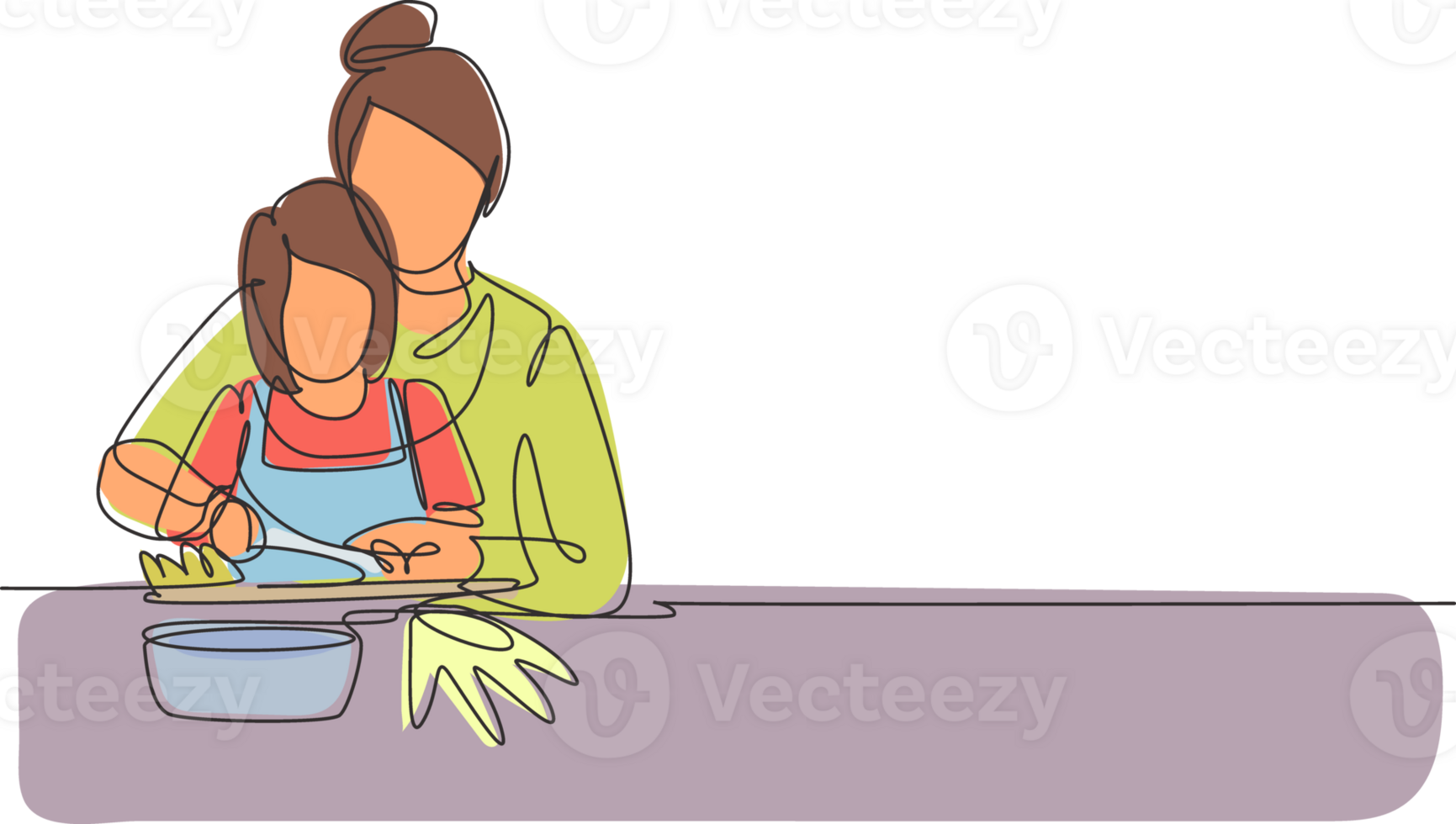 Single continuous line drawing mother teaching her little daughter to cut vegetables and fruit. Healthy food at home. Happy family in kitchen. Dynamic one line draw graphic design illustration png