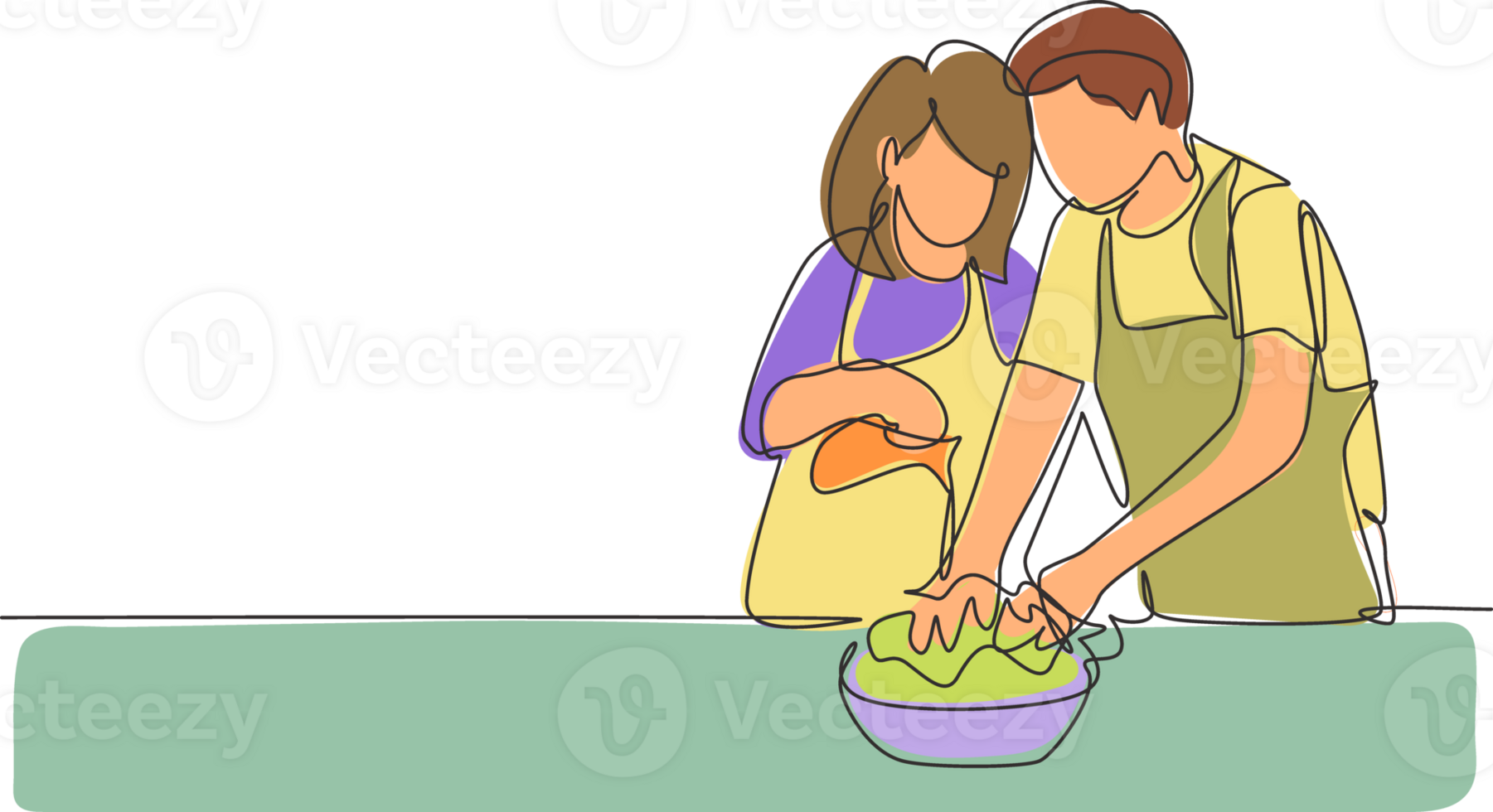 Single continuous line drawing beautiful young wife helping her husband make dough by adding olive oil. Pastry preparation in cozy kitchen at home. One line draw graphic design illustration png