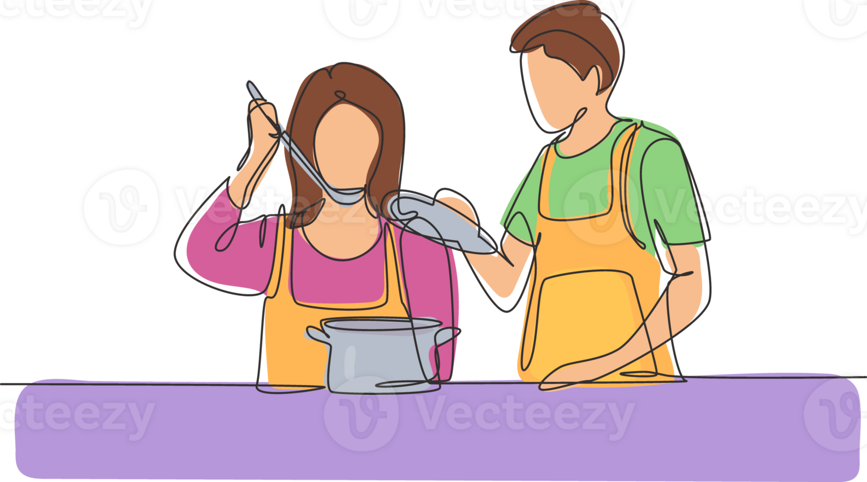 Single continuous line drawing handsome husband holding pan lid and his beautiful wife tasting food using cooking spoon. Cooking together in kitchen. One line draw graphic design illustration png