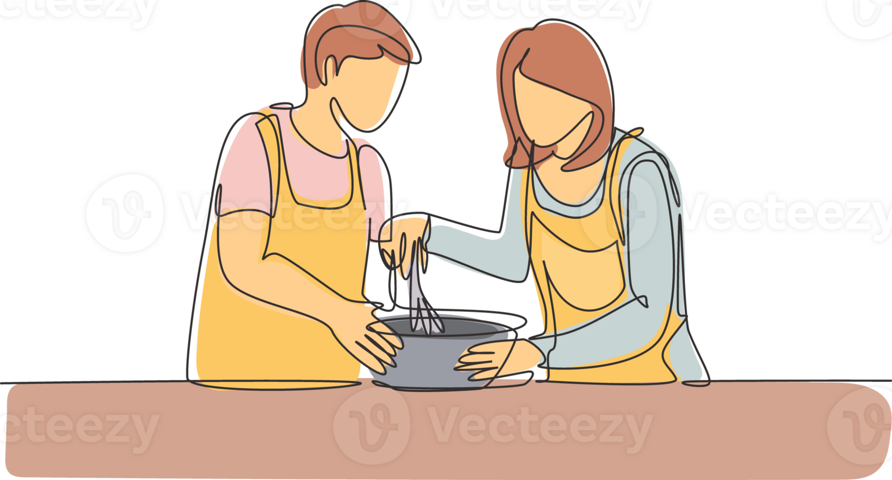 Single continuous line drawing happy romantic couple knead cake dough using manual hand mixer. Enjoying kneading cake dough together at home. Dynamic one line draw graphic design illustration png