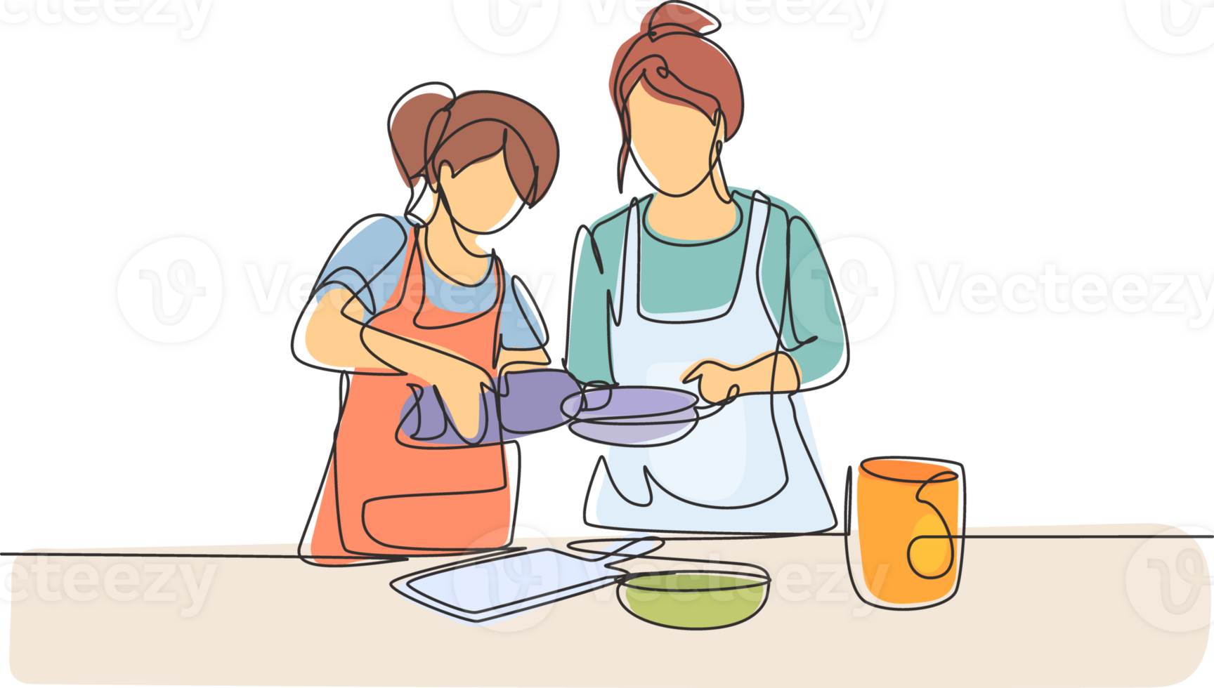 Single one line drawing mother and daughter pour oil into pan which is being held by one of them. Cooking preparation in cozy kitchen at home. Continuous line draw design graphic illustration png