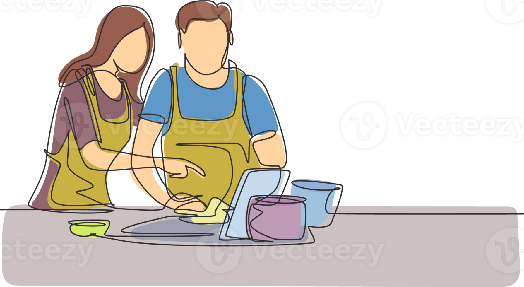 Single one line drawing happy romantic couple cooking together while watching tutorial from tablet. Learn to cook with modern technology. Modern continuous line draw design graphic illustration png