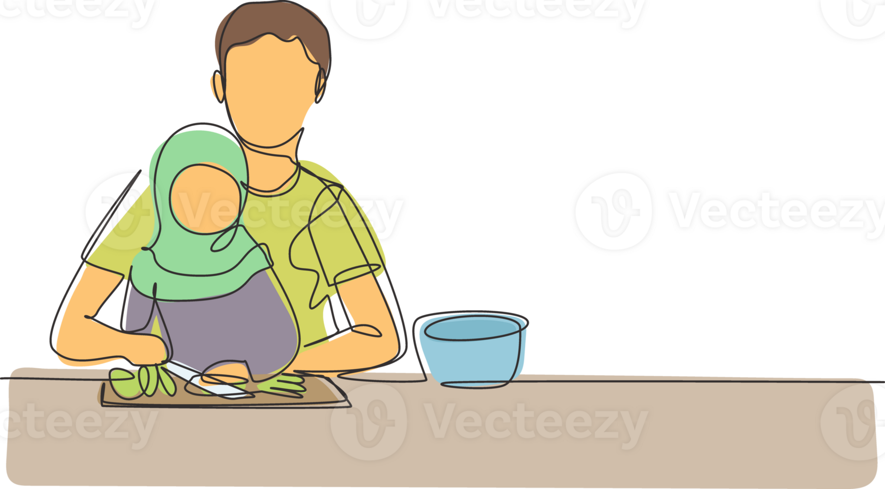 Continuous one line drawing Arabian father teaching his little daughter to cut vegetables and fruit. Healthy food at home. Happy family in kitchen. Single line draw design graphic illustration png