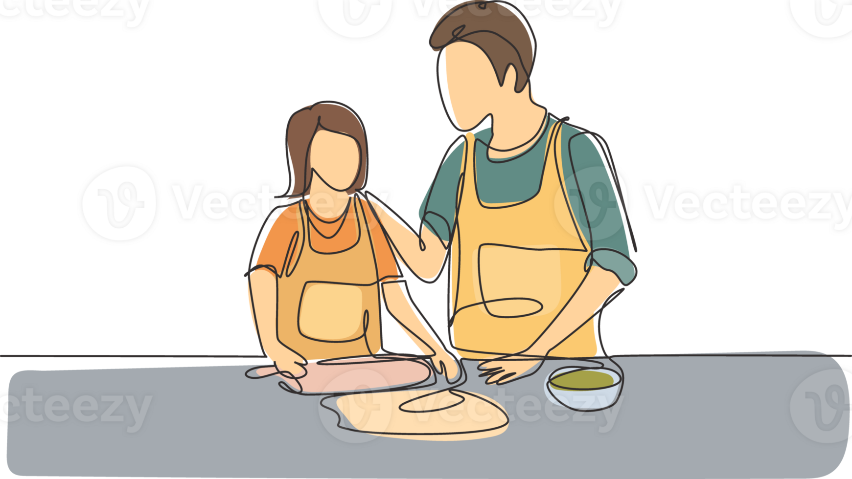Single one line drawing happy father and daughter wearing apron cook in kitchen. Enjoying kneading cake dough or bakery together at home. Modern continuous line draw design graphic illustration png