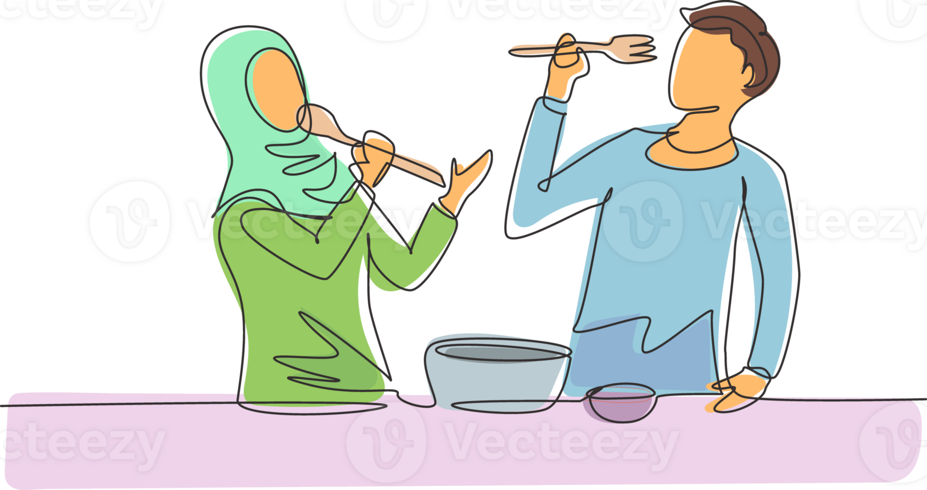 Single one line drawing romantic Arabian couple singing while cooking together, using spoon and fork as microphones. Kitchen fun concept. Modern continuous line draw design graphic illustration png